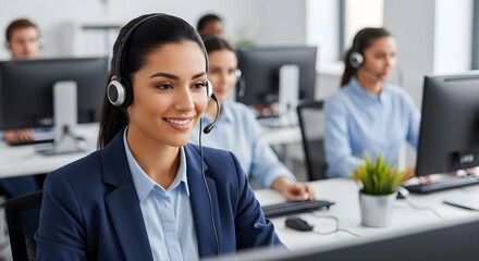 Customer service representative working in call center with headset support job