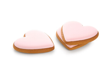 Pink heart-shaped cookies on white background. Valentine's Day celebration