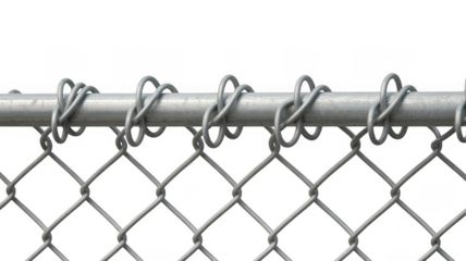 Close up of a silver chain link fence top rail with interwoven loops isolated on a transparent background