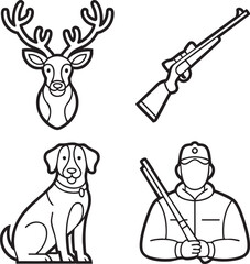Deer head rifle dog and hunter graphic icons set antlers