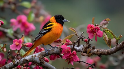 Obraz premium A colorful small robin with an orange breast and black beak sits on a tree branch in beautiful green nature