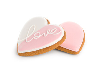 Sweet heart-shaped cookies on white background. Valentine's Day celebration