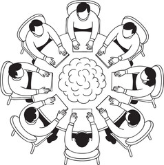 Eight people sitting around a round table with a cloud symbol in the center meeting discussion