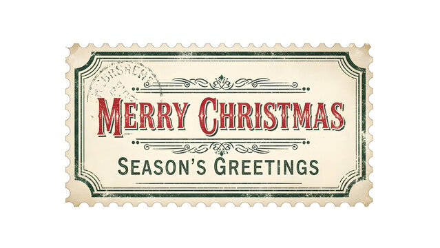 "Merry Christmas Season's Greetings" message on a vintage-style postage stamp design.