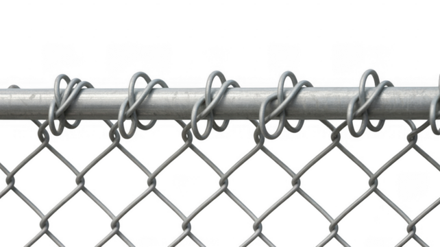 Close up of a silver chain link fence top rail with interwoven loops isolated on a transparent background