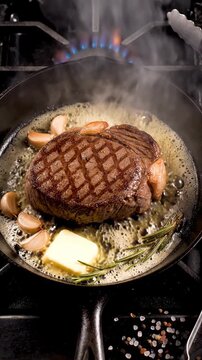 Perfectly searing a steak with garlic and herbs in a hot skillet for delicious flavor and texture