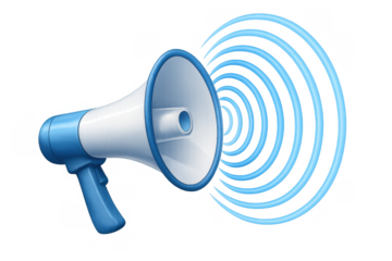 Megaphone amplifying sound waves, communicating important news, information, promotion, and marketing messages