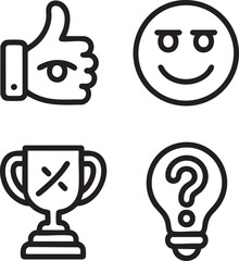 Four black outline icons thumbs up smiley face trophy and lightbulb on white hand gesture
