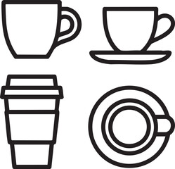 Four black outline coffee cups and saucers on white background drink