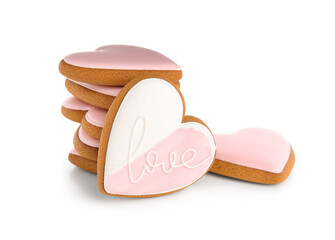 Many sweet heart-shaped cookies on white background. Valentine's Day celebration