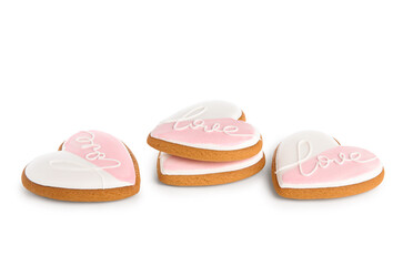 Sweet heart-shaped cookies on white background. Valentine's Day celebration