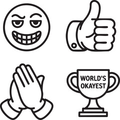 Four black line art icons showing a mischievous emoji thumbs up clapping hands and a trophy face