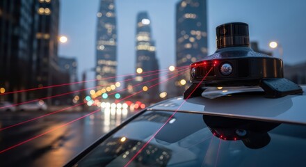 Autonomous vehicle prototype analyzing urban landscape with advanced lidar technology