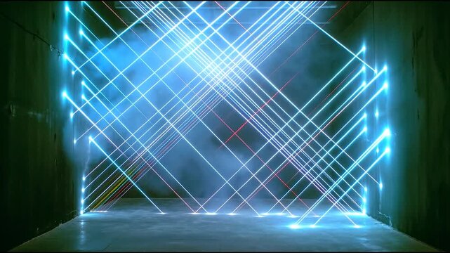 In a dark room, intersecting laser beams form a dense light grid while faint smoke rises through the pattern