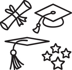 Graduation cap diploma and stars simple line art icons scroll