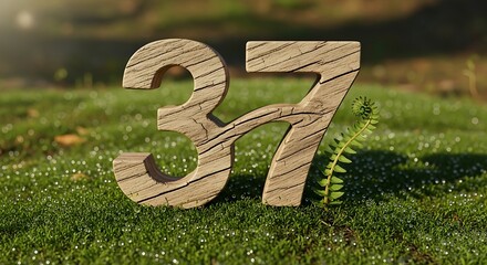 Wooden number thirty seven on green grass background symbolizing age or anniversary
