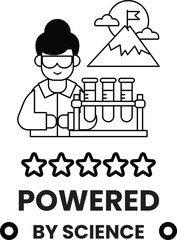 A woman in a lab coat holding a beaker with a mountain in the background