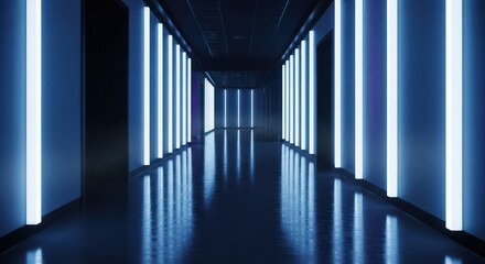 Obraz premium Futuristic corridor with vertical neon lights in a dark environment creating perspective