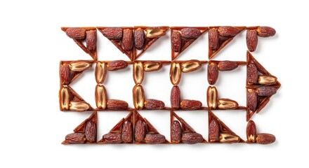 Geometric food art composition with arrangement of dates forming arrow shape mosaic