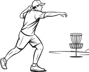 Man in cap and t shirt throwing disc golf disc towards basket sport recreation