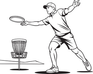 Man in cap throwing disc towards basket in disc golf game sport player