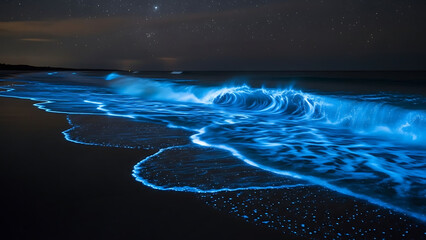 Bi Bioluminescent Waves Glowing Blue at Night on Dark Beach
