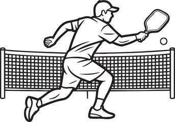 Man playing pickleball hitting ball with paddle over net in black and white vector graphic sport