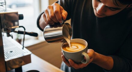 Barista meticulously pouring milk, crafting a latte art heart design, in a cozy caf? environment