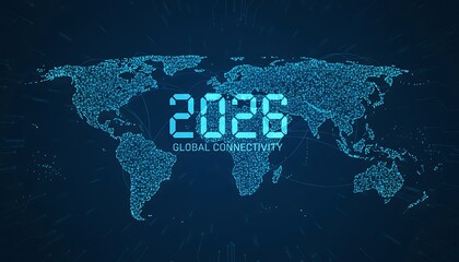 Digital world map formed by glowing dots with the year 2026 and the words "Global Connectivity" displayed in a futuristic, technological style.