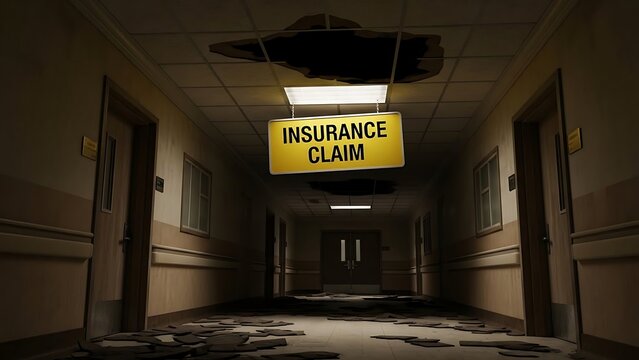 A dark, collapsing hospital corridor with a stark 'INSURANCE CLAIM' sign, powerfully symbolizing the systemic failures and financial struggles within healthcare systems