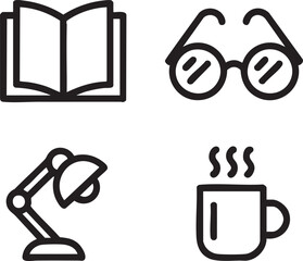 Open book eyeglasses desk lamp and steaming coffee mug icons vector