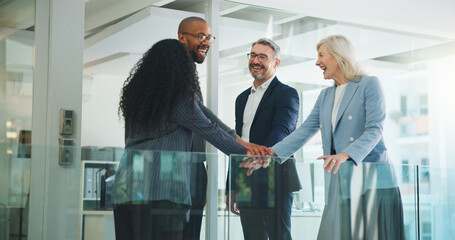Stack of hands, partnership and business people in office with solidarity, unity or teamwork....