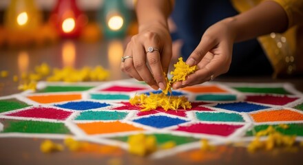 Obraz premium Artistic creation of a traditional rangoli design using vibrant colors and floral elements