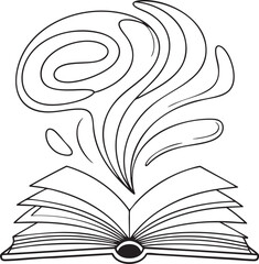 Open book with swirling lines emanating from pages in black and white vector art