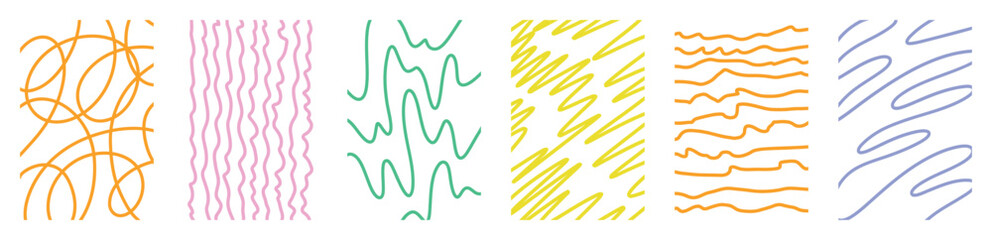Bright abstract vector set of funky childish doodle backgrounds with colorful fluid hand drawn squiggly lines, wavy organic curves, energetic sketch shapes, chaotic maze patterns, swirls, motion