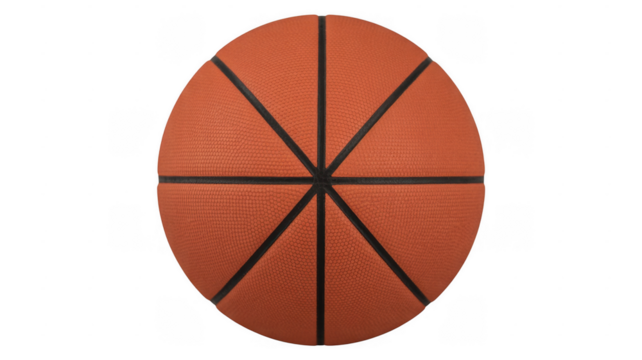 Close up of an orange basketball with black lines against a black background isolated on a transparent background