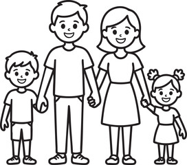 Simple black and white line art of a happy family of four holding hands people parents