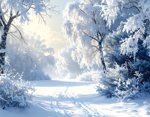 Snowy forest scene with frosted trees and a path leading into the sun