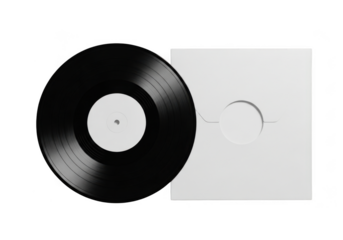 Classic black vinyl record with white label and sleeve isolated on transparent background