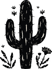 Vintage Rustic Cactus Illustration with Wildflowers &ndash; Hand-Made Desert Botanical Art