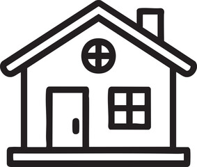 Simple black outline drawing of a house with a door and windows home building