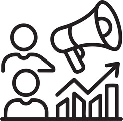 Two people figures with megaphone and upward trending bar graph icon bullhorn