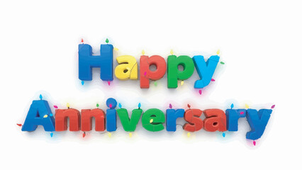 Colorful Happy Anniversary 3D text isolated on white background with holiday lights