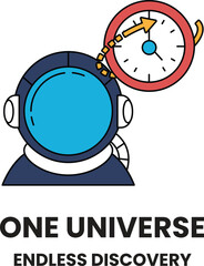 A blue and white astronaut is shown with a clock on his helmet