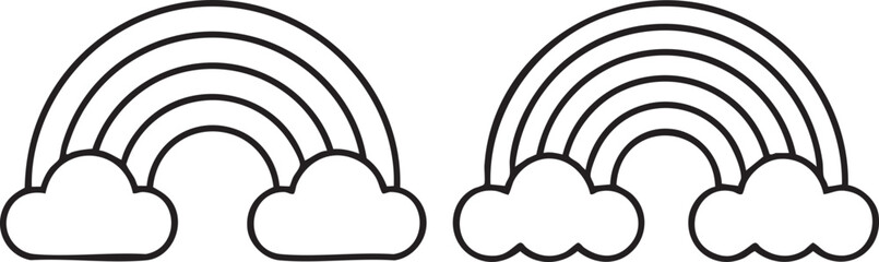Two simple black line art rainbows with clouds on white background weather