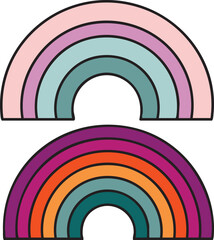 Two stylized rainbows with pastel and vibrant color palettes on white background pink purple