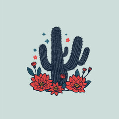Vintage Desert Cactus Illustration with Colorful Flowers &ndash; Retro Botanical Artwork