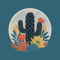 Vintage Desert Cactus Illustration with Colorful Flowers &ndash; Retro Botanical Artwork