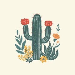 Vintage Desert Cactus Illustration with Colorful Flowers &ndash; Retro Botanical Artwork