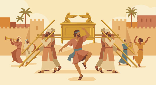 David Brings the Ark to Jerusalem
David dancing in front of the Ark carried by priests, stylized geometric shapes for the Ark&rsquo;s poles, muted gold, warm clay colors, clean rhythmic composition. Bible